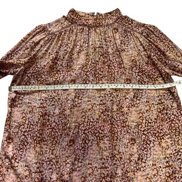HINGE Ruffle Mock Neck Blouse | M | Pink Multi Leopard Print | Romantic Boho - Picture 6 of 14